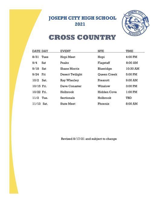 Cross Country Schedule for this Fall.