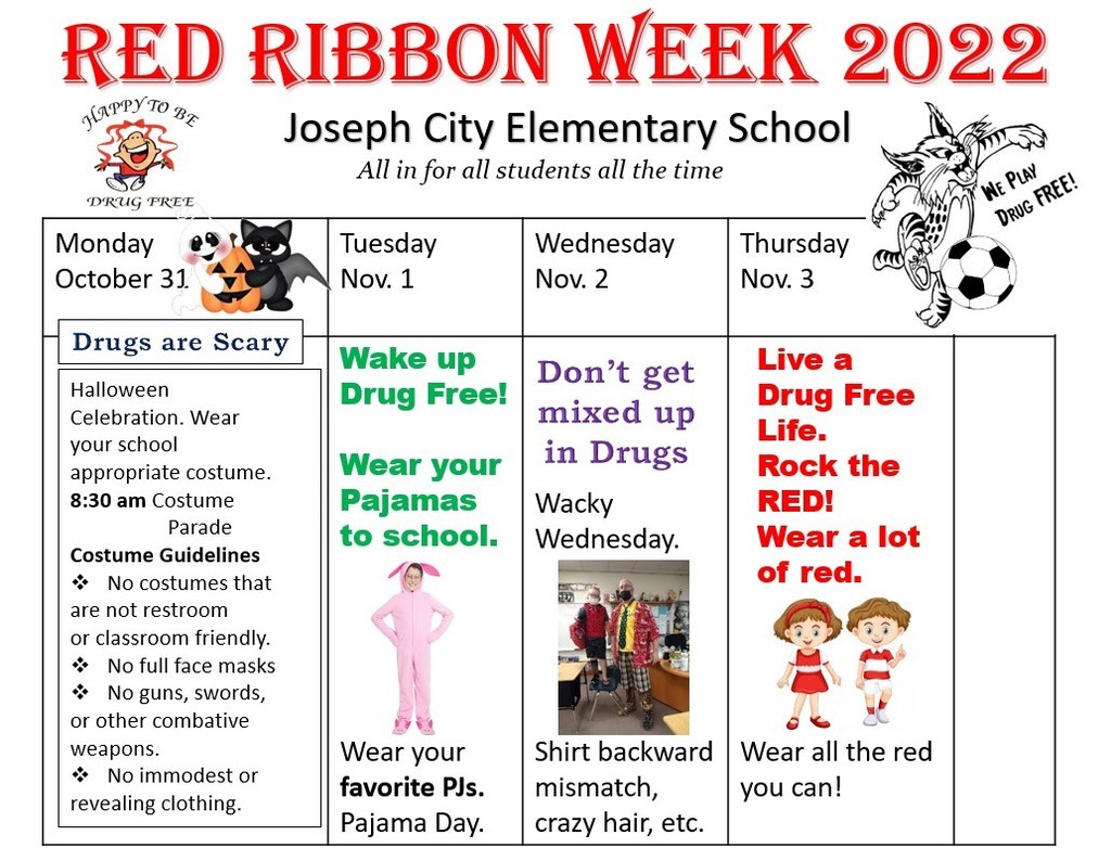 Red Ribbon Week 2022 Oct 31 to Nov 3 with themes for each day. 
