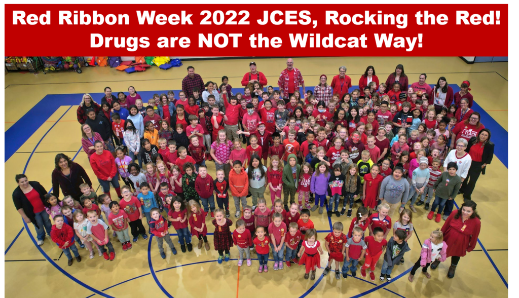 Students and staff of JCES celebrating Drug Free awareness wearing red.